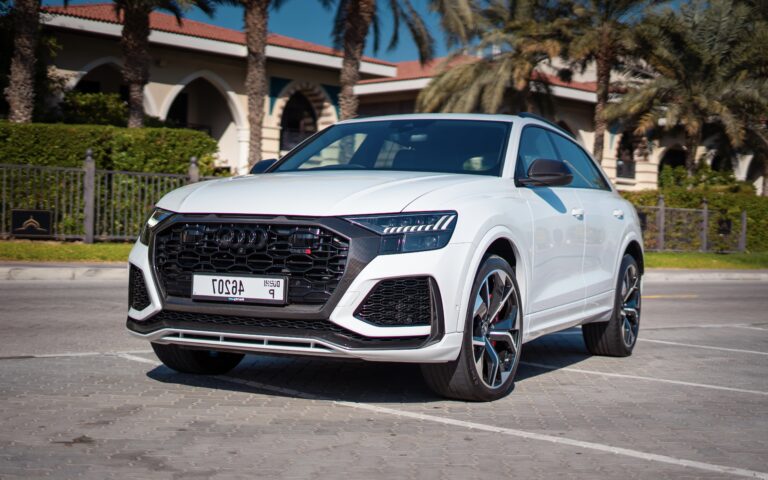 Luxurious white Audi RSQ8 2021 for rent in Dubai blending high performance with premium comfort