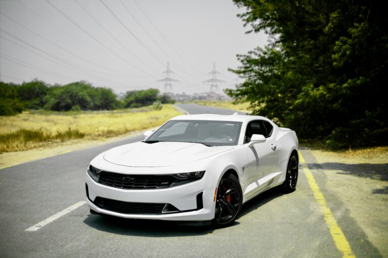 Stylish white Chevrolet Camaro for rent in Dubai offering a sporty design powerful performance and modern comfort