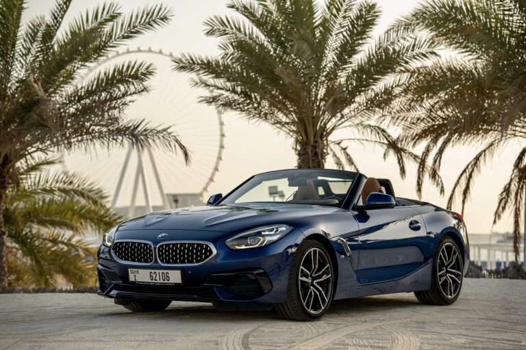 Sporty blue BMW Z4 2023 for rent in Dubai offering a thrilling open-top driving experience with sleek design advanced technology and dynamic performance