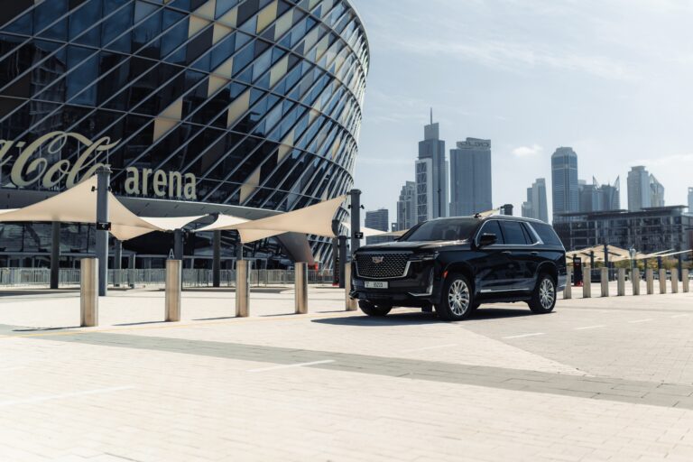 Elegant black Cadillac Escalade 2023 for rent in Dubai offering premium luxury advanced features and powerful performance for a first-class driving experience