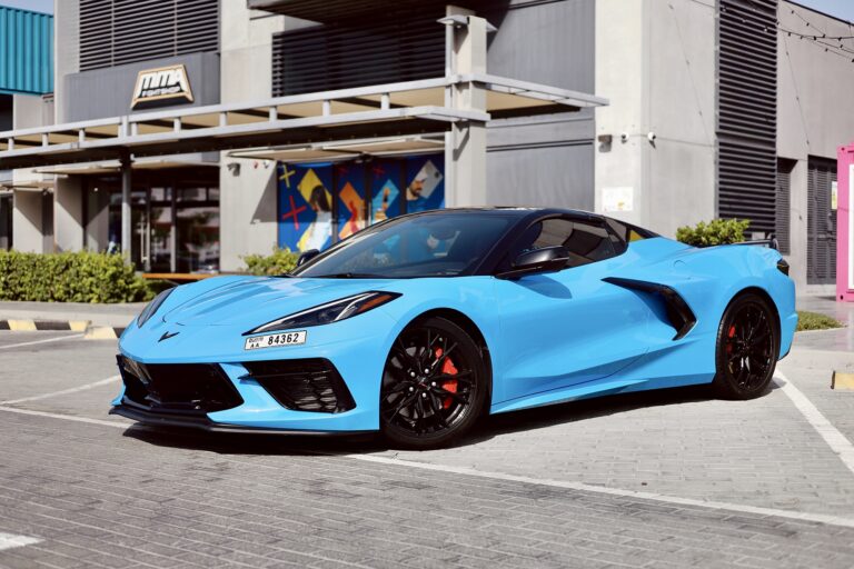 Stunning blue Chevrolet Corvette 2023 for rent in Dubai offering high-performance engineering sleek design and an exhilarating driving experience