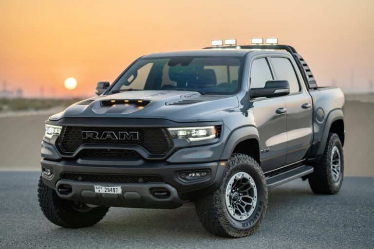 Powerful grey Dodge Ram TRX 2022 for rent in Dubai offering rugged performance advanced features and unmatched off-road capability for an exhilarating driving experience