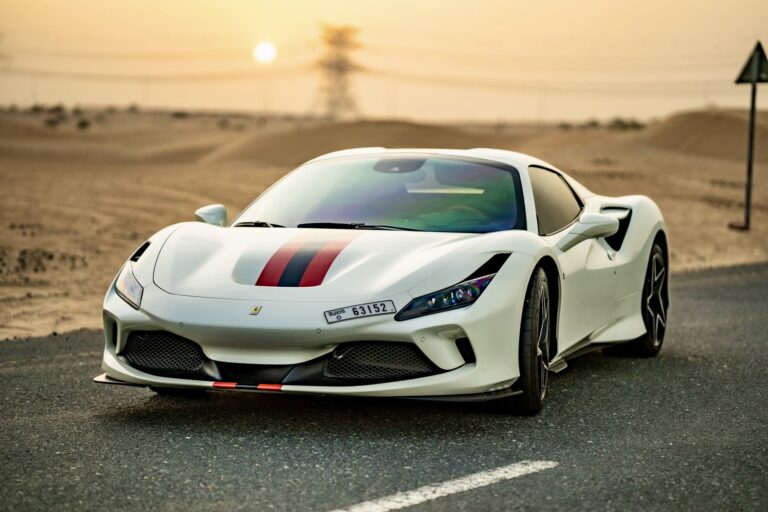 Elegant white Ferrari F8 Tributo Spider for rent in Dubai offering a luxurious open-top driving experience with high-performance engineering sleek design and advanced technology