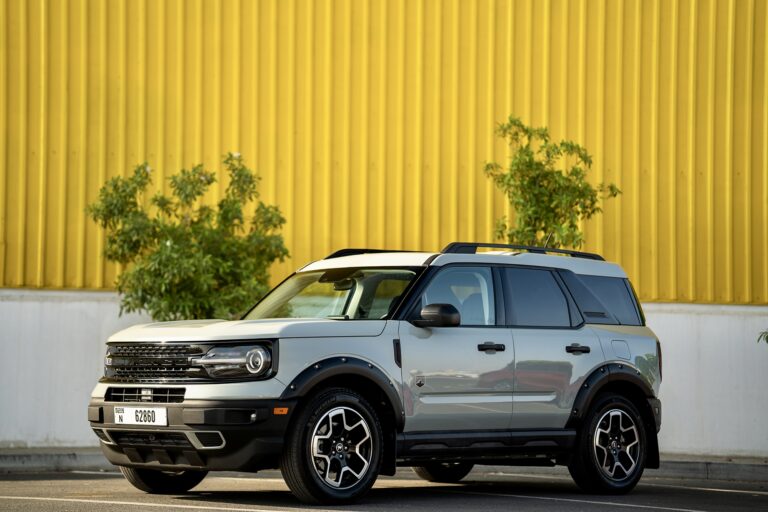 Rugged grey Ford Bronco Sport for rent in Dubai offering off-road capability modern features and a stylish design for an adventurous driving experience