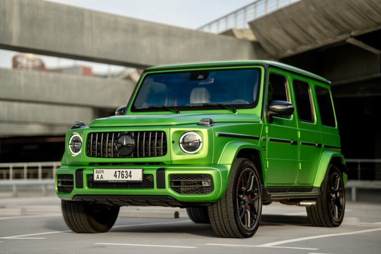 Exclusive green Mercedes G63 AMG 2023 for rent in Dubai offering powerful performance luxurious comfort and iconic design for an elite driving experience