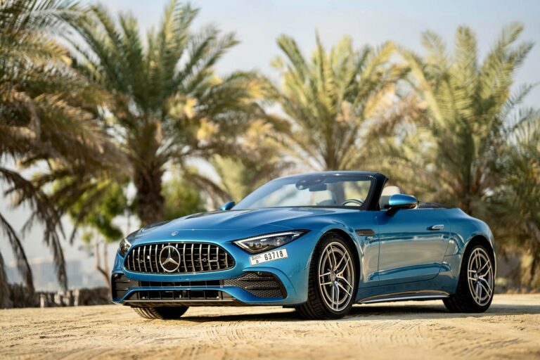 Elegant blue Mercedes SL 43 for rent in Dubai offering a luxurious open-top driving experience with advanced technology sleek design and dynamic performance