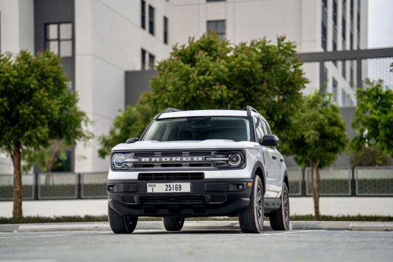 Rugged white Ford Bronco Sport for rent in Dubai offering off-road capability modern features and a stylish design for an adventurous driving experience