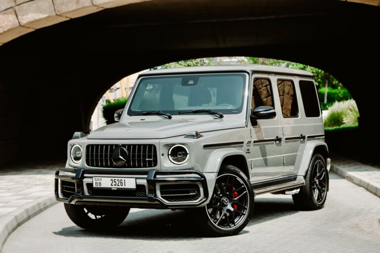 Powerful grey Mercedes G63 AMG for rent in Dubai offering a perfect blend of luxury off-road capability and high-performance engineering for an elite driving experience