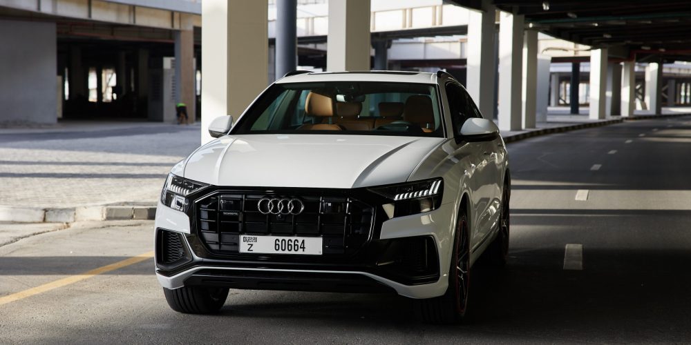 Elegant white Audi Q8 55TFSI quattro 2022 for rent in Dubai perfect combination of luxury and advanced performance