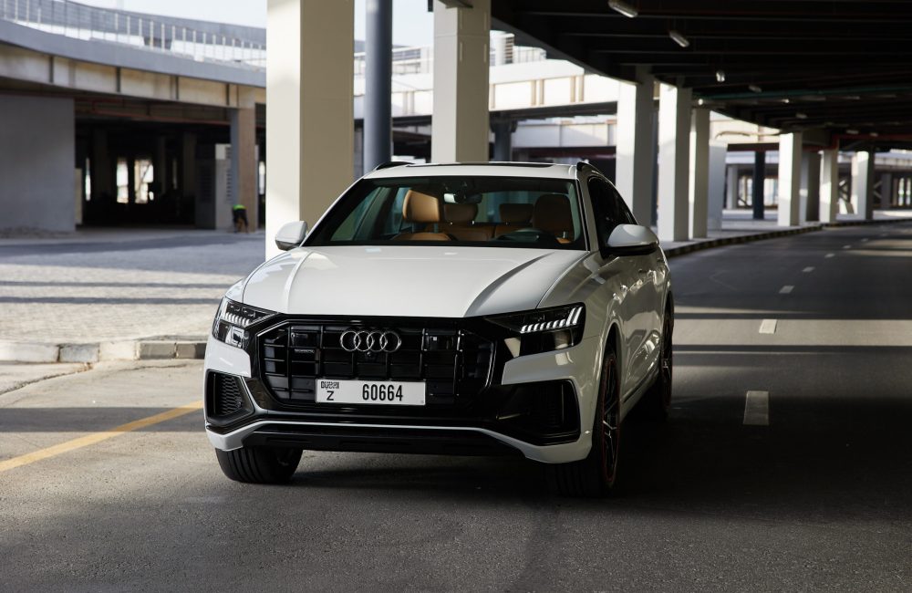 Elegant white Audi Q8 55TFSI quattro 2022 for rent in Dubai perfect combination of luxury and advanced performance