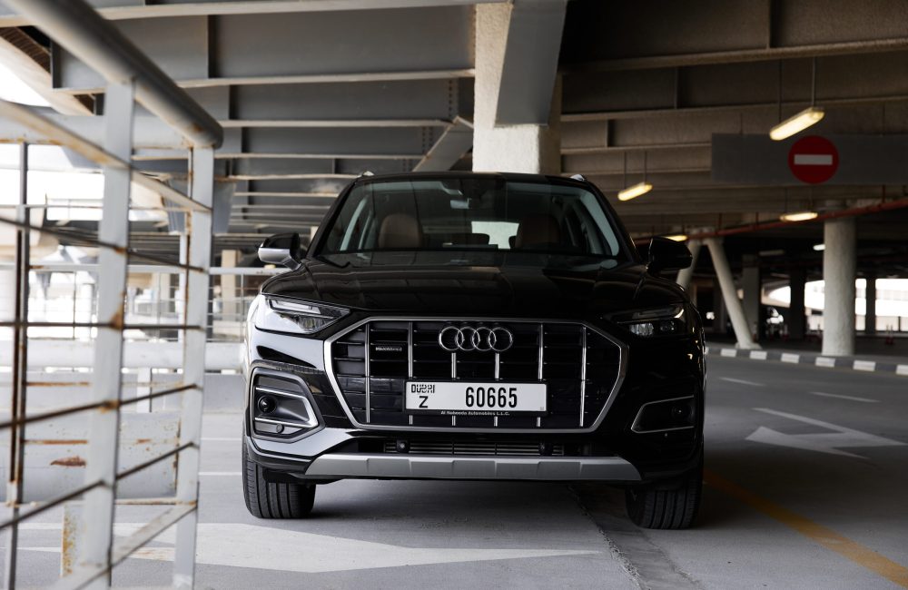 Premium black Audi Q5 quattro 2022 SUV for rent in Dubai, offering luxury, comfort, and all-wheel-drive performance.