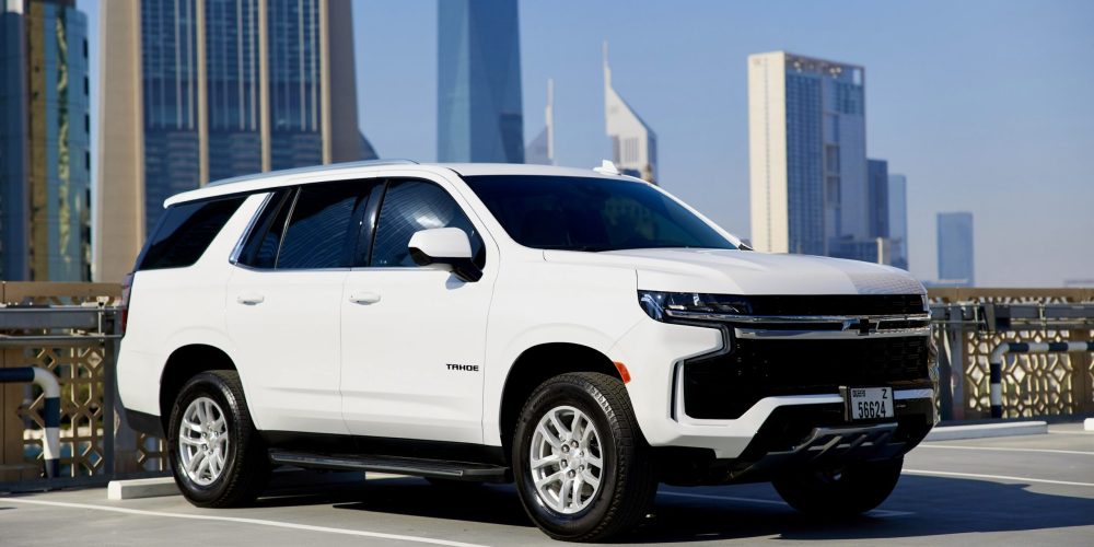 Elegant white Chevrolet Tahoe 2023 for rent in Dubai offering spacious luxury advanced features and powerful performance