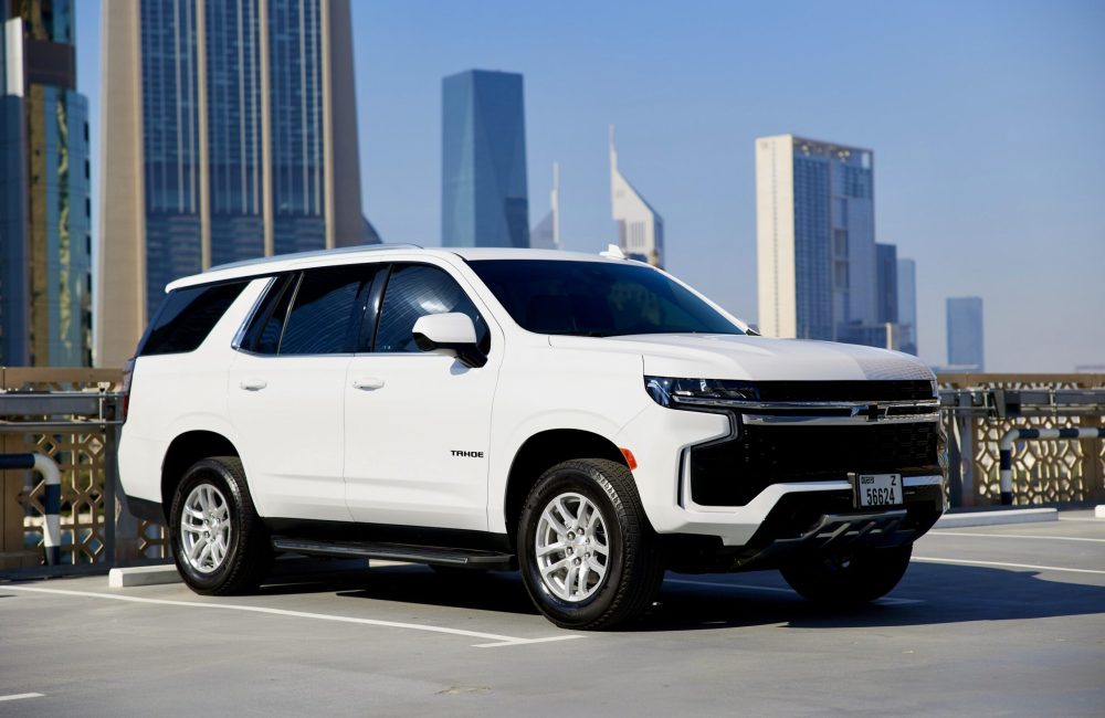 Elegant white Chevrolet Tahoe 2023 for rent in Dubai offering spacious luxury advanced features and powerful performance