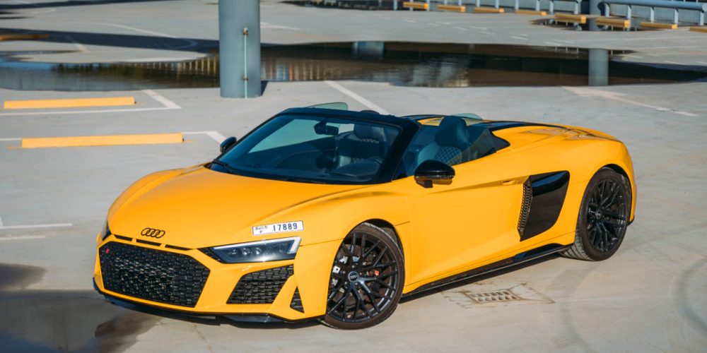 Exotic Audi R8 V10 Spyder convertible for rent in Dubai, offering unmatched performance and luxury driving experience