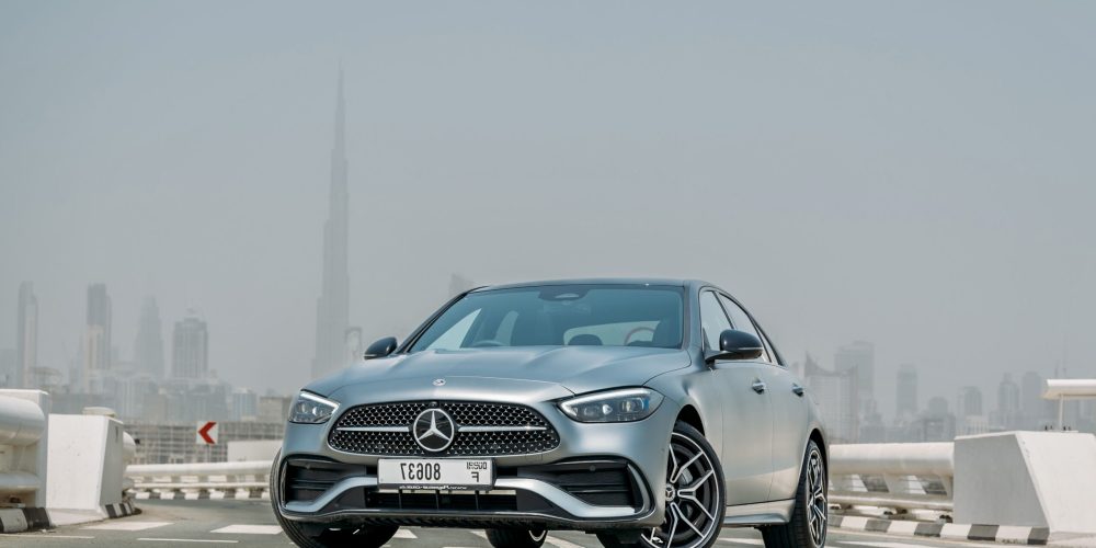 Stylish silver Mercedes C200 2023 for rent in Dubai combining luxury comfort advanced technology and smooth performance