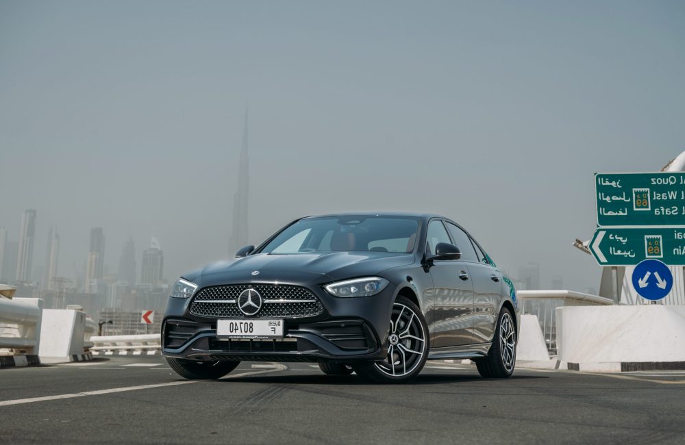 Elegant black Mercedes C200 2023 for rent in Dubai offering luxury comfort advanced features and exceptional performance