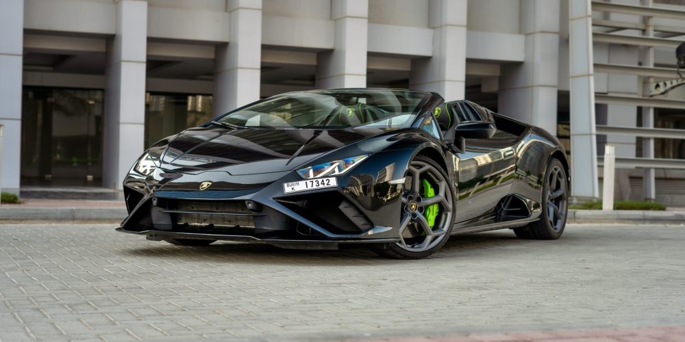 Sophisticated black Lamborghini Evo Spyder 2023 for rent in Dubai offering exhilarating open-top performance and unparalleled luxury