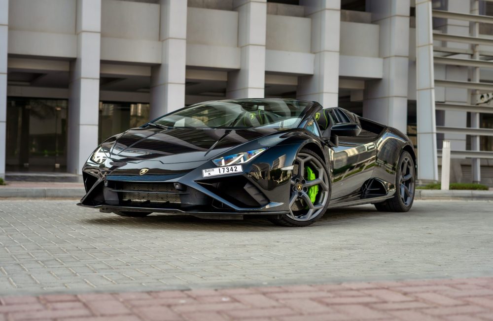 Sophisticated black Lamborghini Evo Spyder 2023 for rent in Dubai offering exhilarating open-top performance and unparalleled luxury