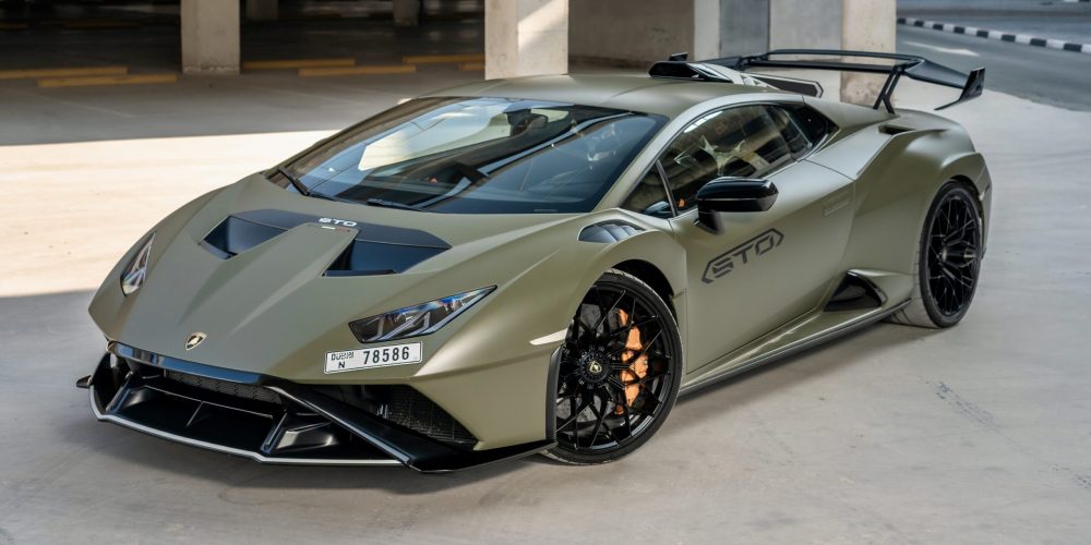 Striking green Lamborghini Huracan STO 2023 for rent in Dubai delivering track-inspired performance luxury and head-turning design