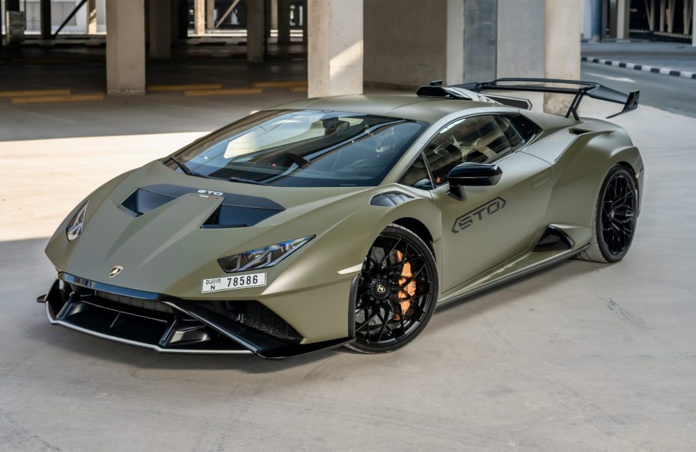 Striking green Lamborghini Huracan STO 2023 for rent in Dubai delivering track-inspired performance luxury and head-turning design