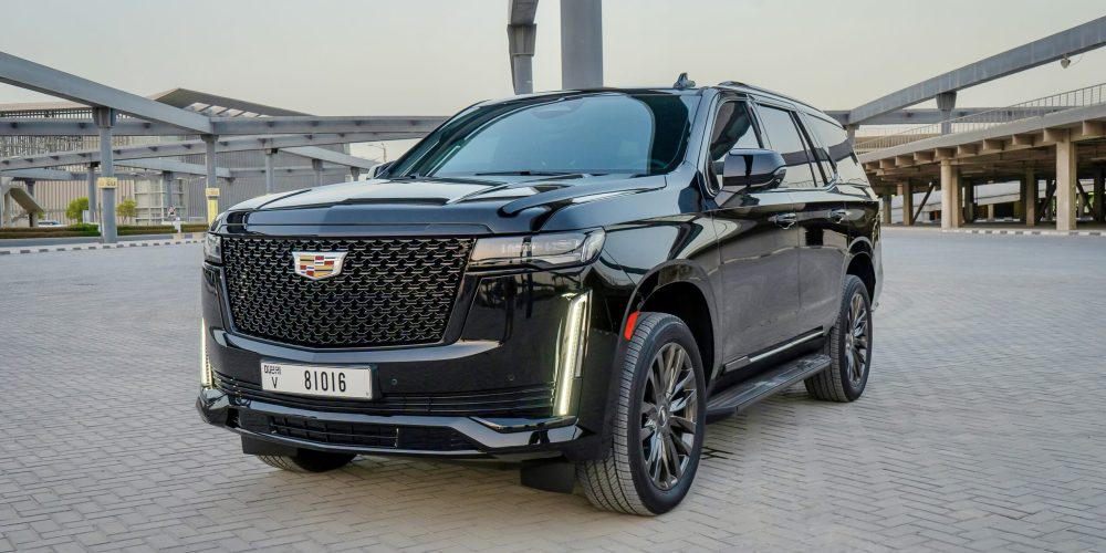 Luxurious black Cadillac Escalade 2021 for rent in Dubai offering spacious comfort advanced features and premium performance