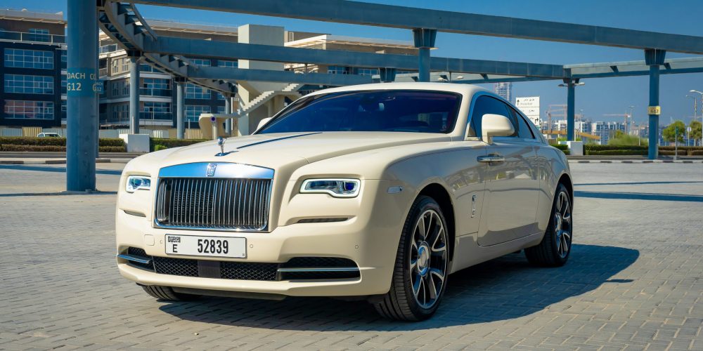 Luxurious white Rolls Royce Wraith 2019 for rent in Dubai offering timeless elegance advanced features and powerful performance