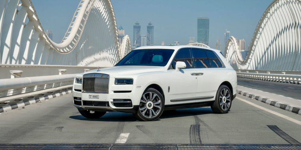 Luxurious white Rolls Royce Cullinan 2019 for rent in Dubai offering unmatched elegance premium comfort and powerful performance