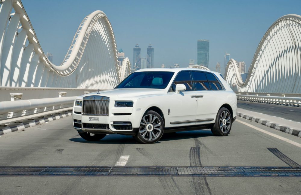 Luxurious white Rolls Royce Cullinan 2019 for rent in Dubai offering unmatched elegance premium comfort and powerful performance