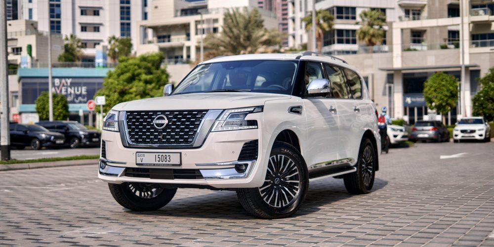 Luxurious white Nissan Patrol 2024 for rent in Dubai combining powerful performance advanced technology and premium comfort