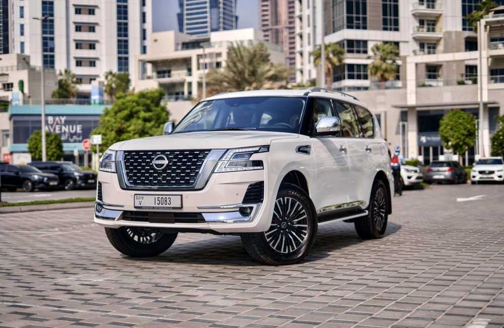 Luxurious white Nissan Patrol 2024 for rent in Dubai combining powerful performance advanced technology and premium comfort