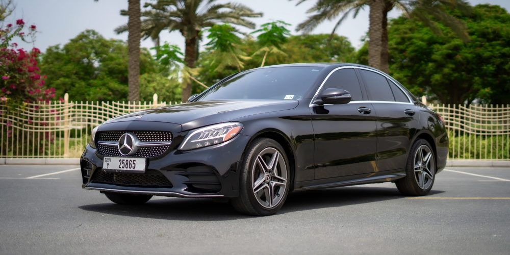 Elegant black Mercedes C300 2020 for rent in Dubai offering luxury comfort and smooth performance