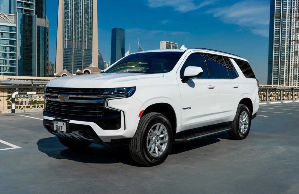 Spacious white Chevrolet Tahoe 2021 for rent in Dubai offering premium comfort advanced features and reliable performance