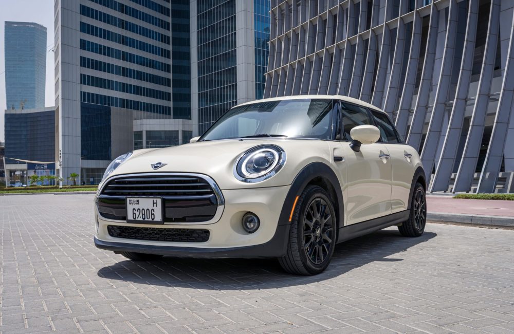 Chic white Mini Cooper S 2020 for rent in Dubai offering a stylish compact design with sporty performance and modern comfort