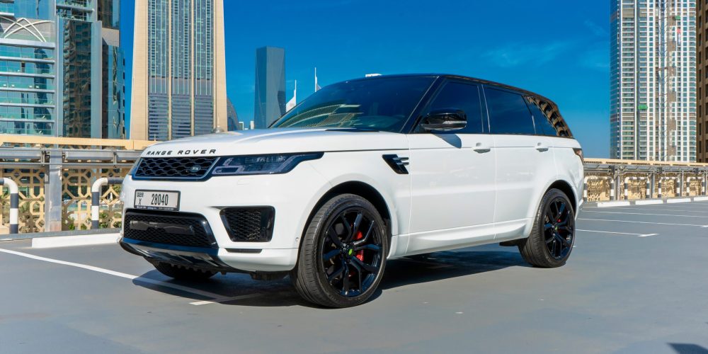 Powerful white Range Rover Sport V8 2020 for rent in Dubai offering luxurious comfort advanced features and exceptional performance