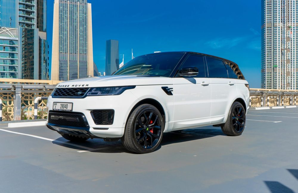 Powerful white Range Rover Sport V8 2020 for rent in Dubai offering luxurious comfort advanced features and exceptional performance