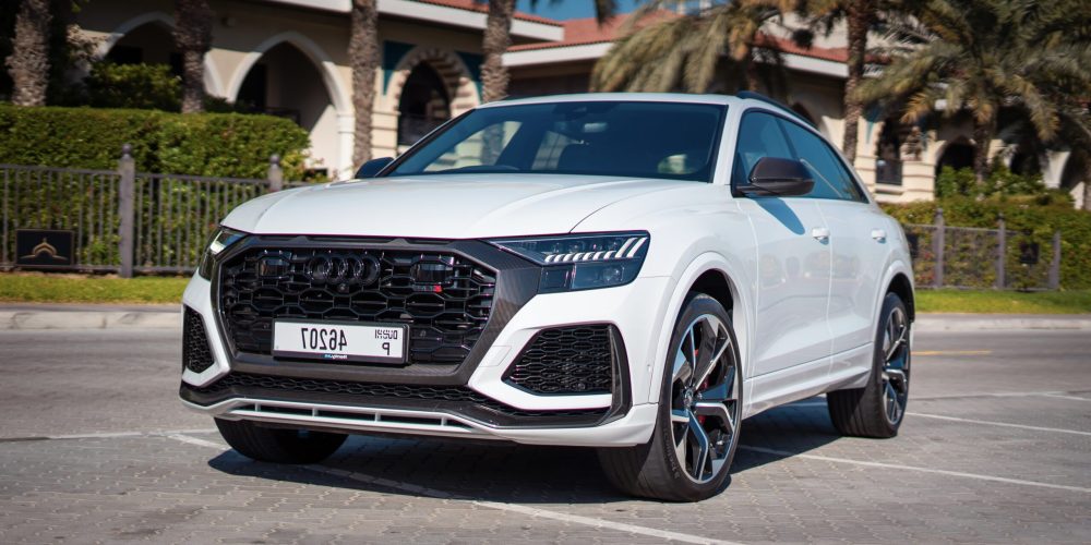 Luxurious white Audi RSQ8 2021 for rent in Dubai blending high performance with premium comfort