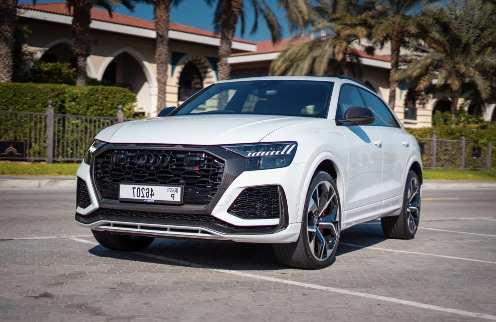 Luxurious white Audi RSQ8 2021 for rent in Dubai blending high performance with premium comfort