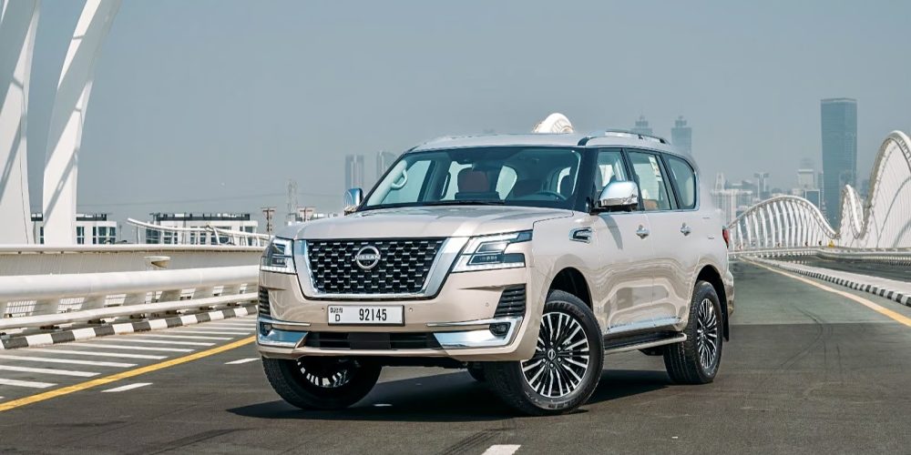 Luxurious beige Nissan Patrol Platinum V6 2023 for rent in Dubai offering powerful performance advanced features and premium comfort for any adventure