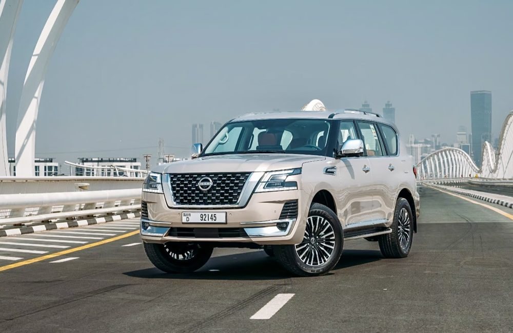 Luxurious beige Nissan Patrol Platinum V6 2023 for rent in Dubai offering powerful performance advanced features and premium comfort for any adventure