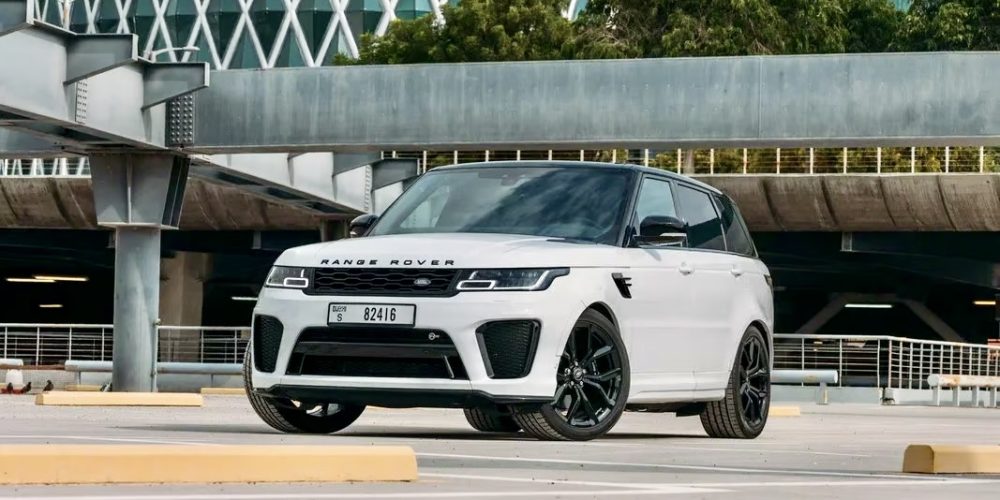 Exclusive white Range Rover Sport SVR 2023 for rent in Dubai offering high-performance luxury advanced features and dynamic design