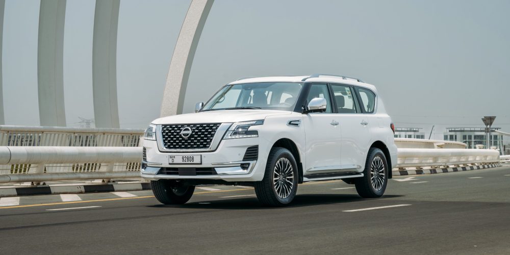 Luxurious white Nissan Patrol Platinum V6 2023 for rent in Dubai offering premium comfort advanced features and exceptional performance