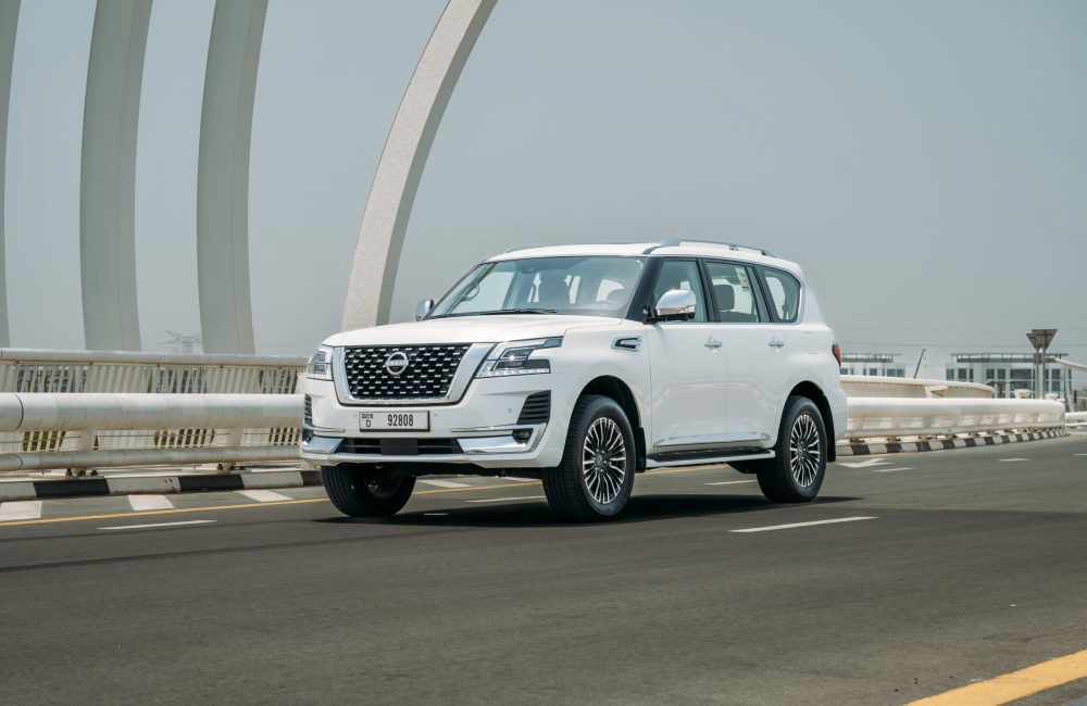 Luxurious white Nissan Patrol Platinum V6 2023 for rent in Dubai offering premium comfort advanced features and exceptional performance