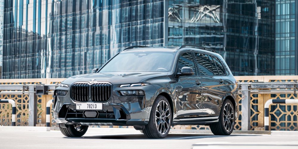 Elegant grey BMW X7 40i 2023 for rent in Dubai offering spacious luxury advanced features and exceptional performance