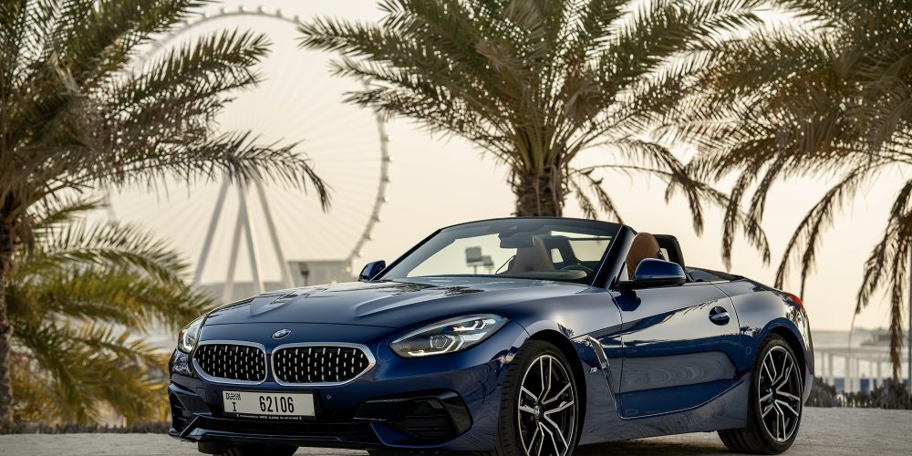 Sporty blue BMW Z4 2023 for rent in Dubai offering a thrilling open-top driving experience with sleek design advanced technology and dynamic performance