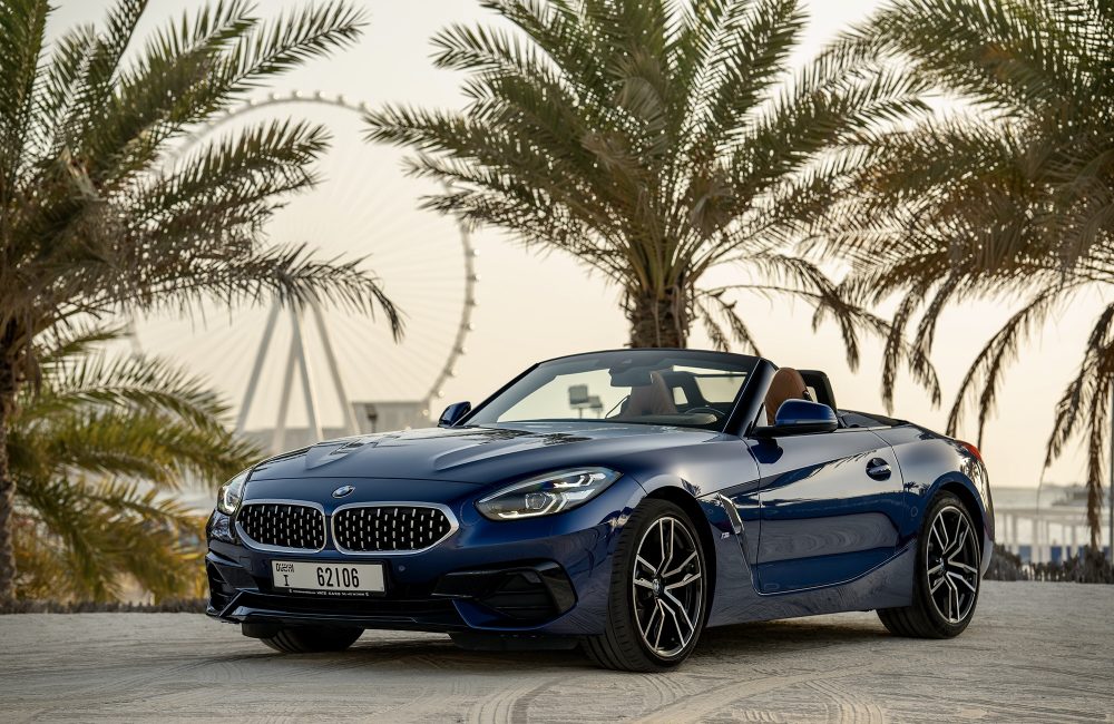 Sporty blue BMW Z4 2023 for rent in Dubai offering a thrilling open-top driving experience with sleek design advanced technology and dynamic performance