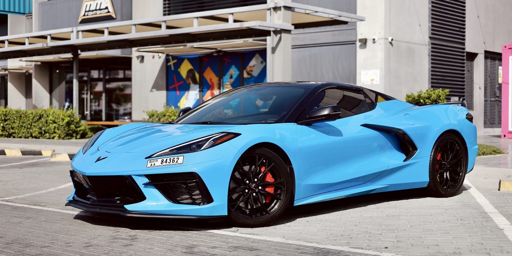 Stunning blue Chevrolet Corvette 2023 for rent in Dubai offering high-performance engineering sleek design and an exhilarating driving experience