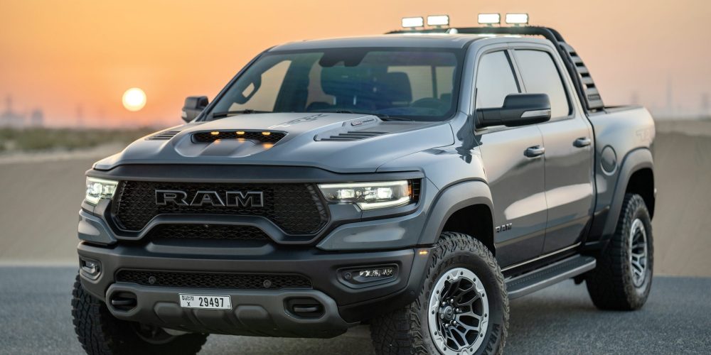 Powerful grey Dodge Ram TRX 2022 for rent in Dubai offering rugged performance advanced features and unmatched off-road capability for an exhilarating driving experience