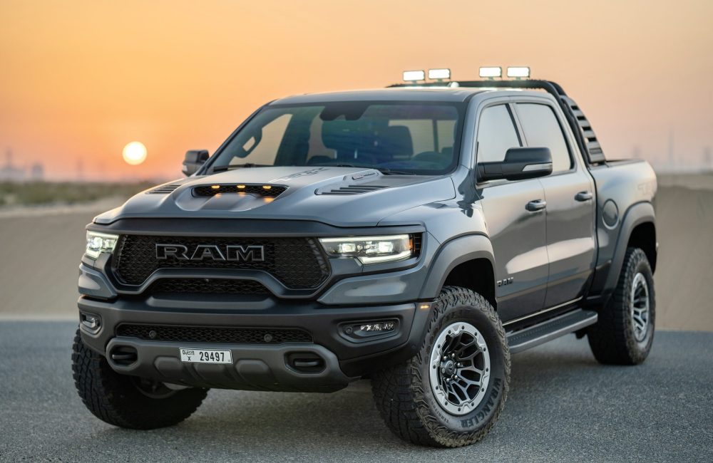 Powerful grey Dodge Ram TRX 2022 for rent in Dubai offering rugged performance advanced features and unmatched off-road capability for an exhilarating driving experience