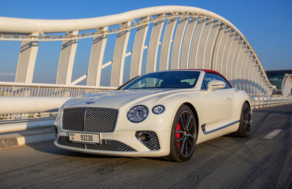 Luxurious white Bentley Continental GTC V12 2021 for rent in Dubai delivering unmatched elegance and powerful performance