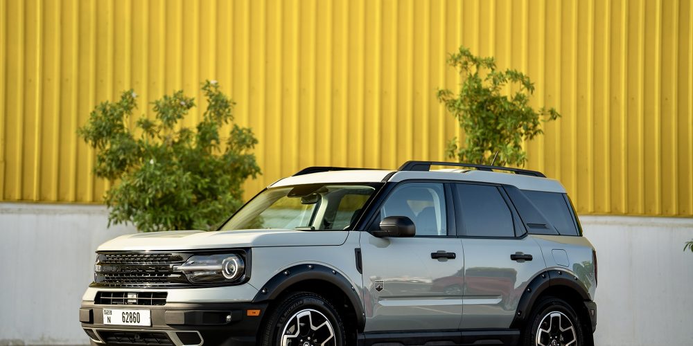 Rugged grey Ford Bronco Sport for rent in Dubai offering off-road capability modern features and a stylish design for an adventurous driving experience